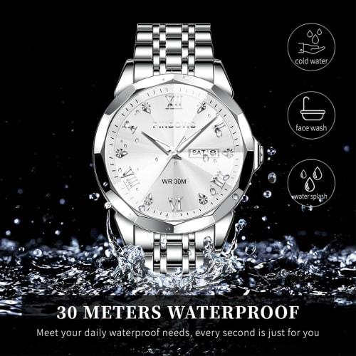 PINDOWS Men's Diamond Business Dress Analog Quartz Watch, Luxury Waterproof Luminous Date Display, Two-Tone Stainless Steel Band, Classic Fashion Men'
