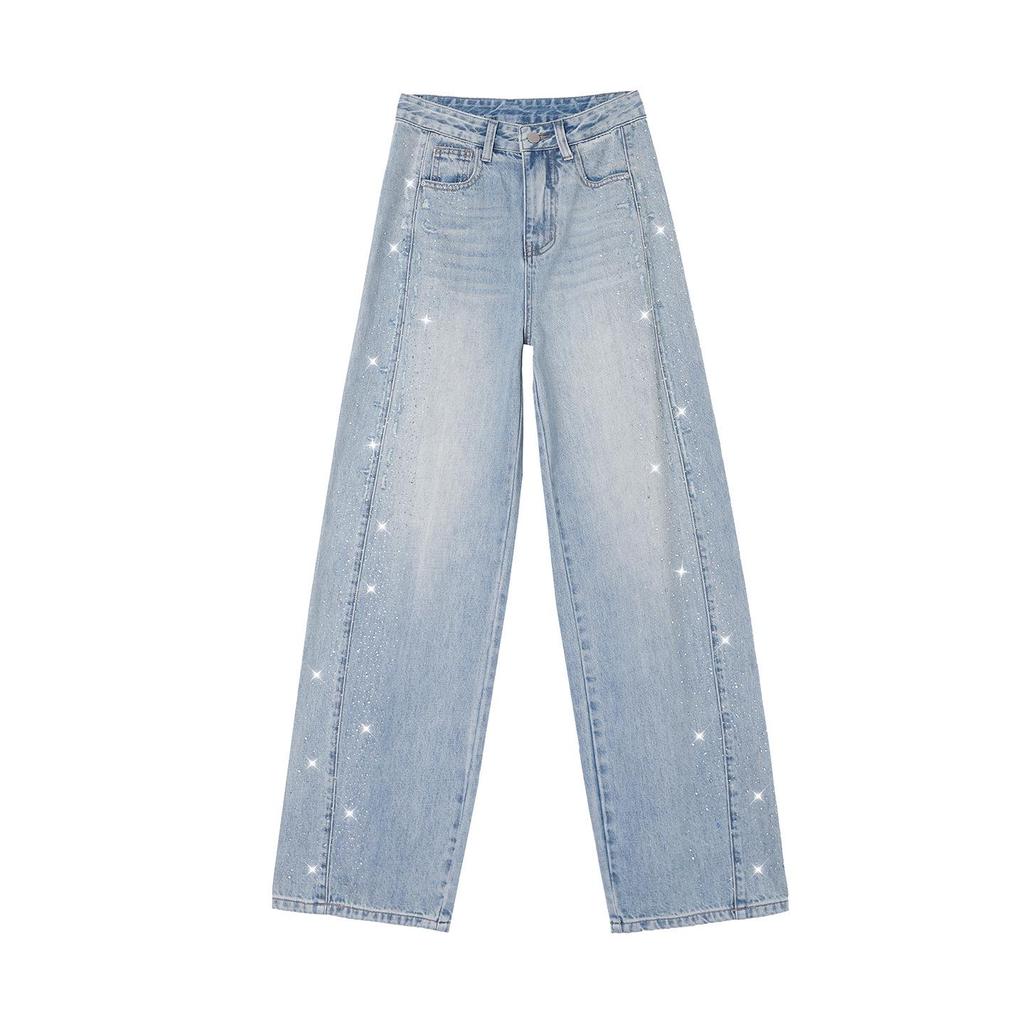2026 Women's Rhinestone Wide-Leg Jeans: Loose, Slimming, High-End Floor-Length with Concealing Design for Spring/Autumn