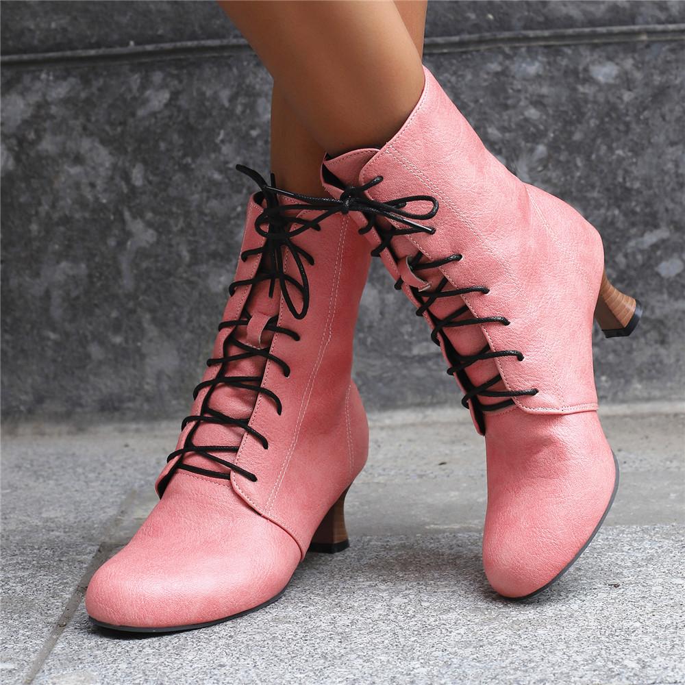Fashion Autumn New Lace Up Ladies High Heel Shoes Strange Steampunk Boot Victorian Ankle Boots Women Pointed Toe Thick Soled Short Boots