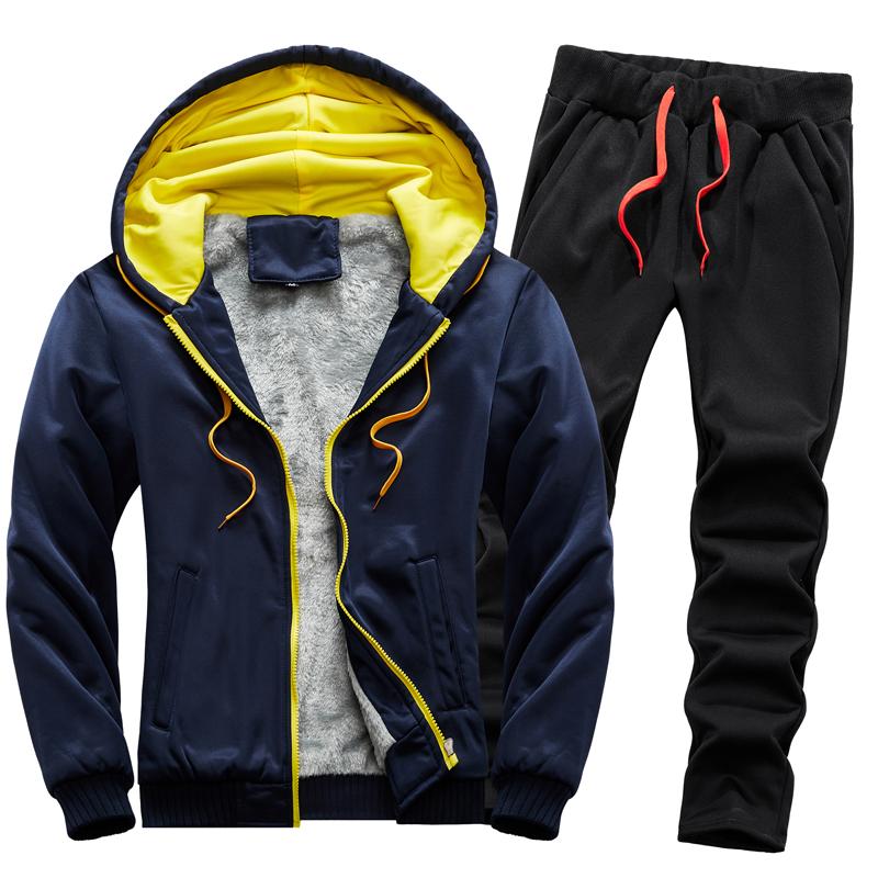Autumn and Winter Men's Casual Plus Plush Thick Hooded Suit Men's Warm Hoodie Jacket Men's Casual Plus Plush Thick Two-piece Set