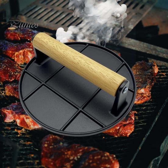 Meat Press Heat-resistant Ergonomic Wooden Handle Food-grade Cast Iron Round Burger Press Kitchen Tool Meat Press Plate