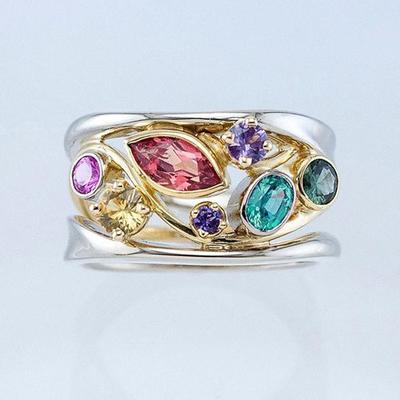 Huitan Zweifarbig Bunter Stein Sale Damen Fingerring Geburtstags-Jubiläumsgeschenk Ringe Ausgehöhltes Design Mode Damen Schmuck
