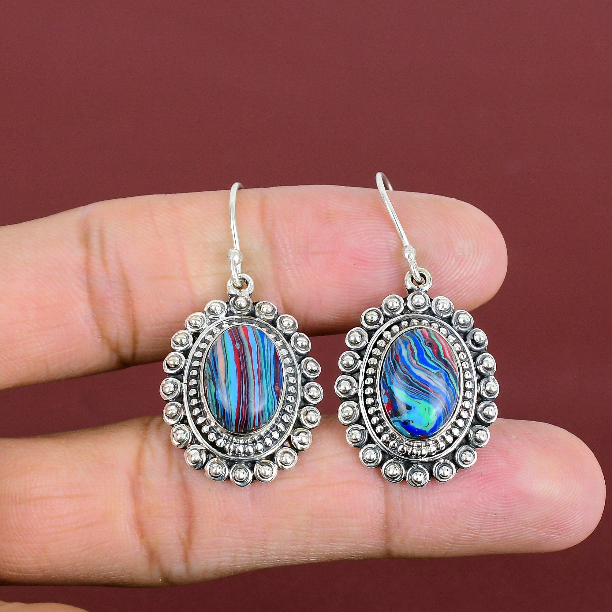 

Rainbow Calsilica Earring Gemstone Vintage Earring 925 Sterling Silver Earring Handmade Earrings Dainty Jewelry Dangle Earring Gifts For Her