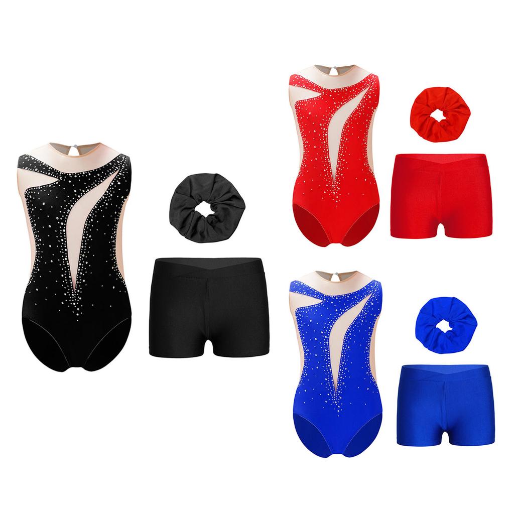 Kids Sparkly Rhinestone Embellished Sheer Mesh Leotard Paired with V Front Shorts and Headpiece for Dance
