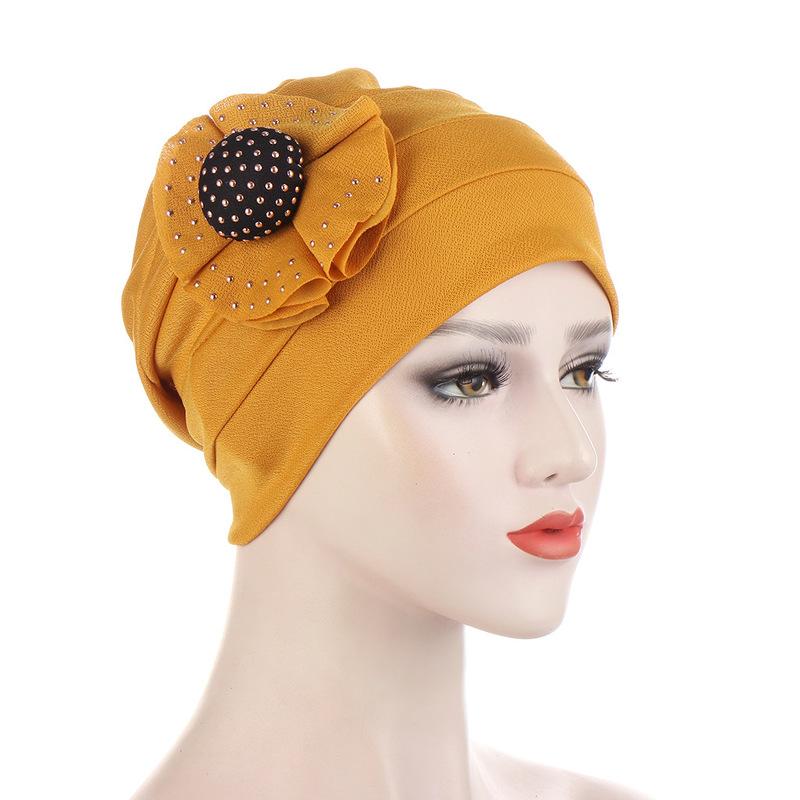 Woman Beautiful Rhinestone Flower Turban Elastic Cloth Head Cap Hat Muslim Women's Hijabs Ladies Bandana Muslim Head Cover