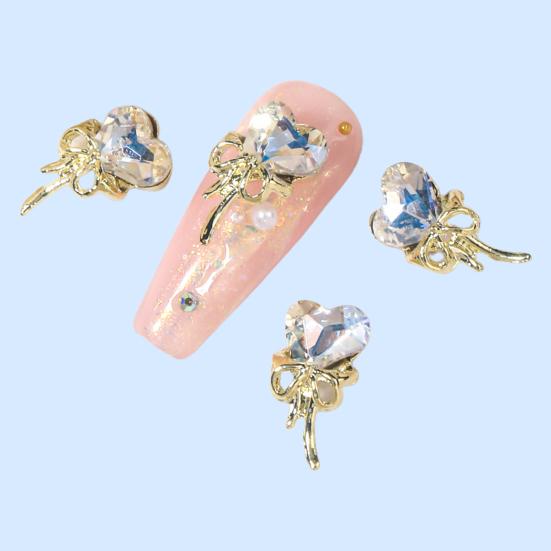 Yousheng 10Pcs/Set Nail Art Charm Golden Bowknot 3D Alloy Luxury Cute DIY Solid Colored Rhinestone Love Heart Nail Decoration Salon Home Use