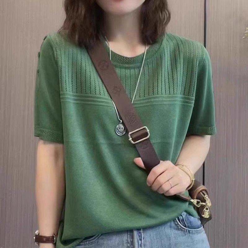 Summer New Middle Aged Women's Ice Silk Knitted Shirt Short Sleeve T-shirt Plus Size Top