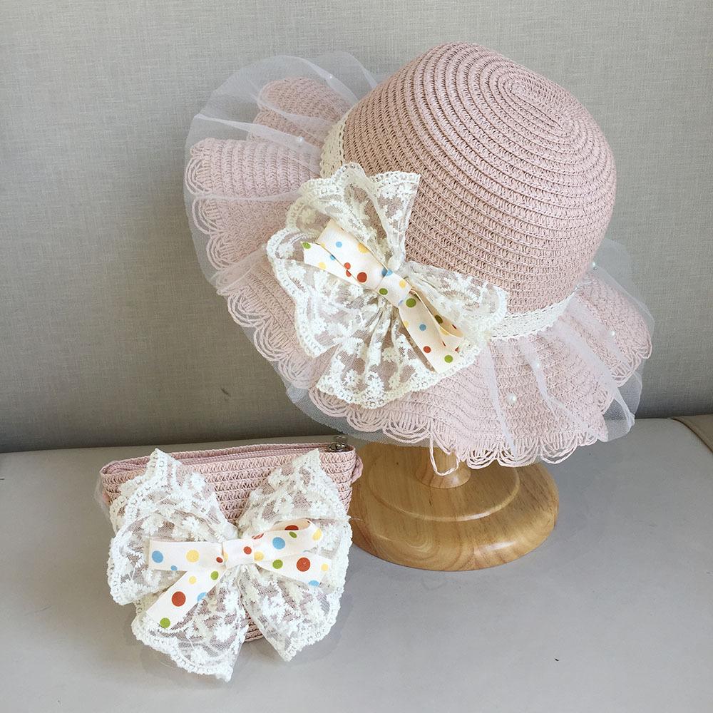 Girls Summer Lace Princess Straw Hat With Bag Set UV Protection Sunshade Beach Cap For Baby Toddler Outdoor Travel