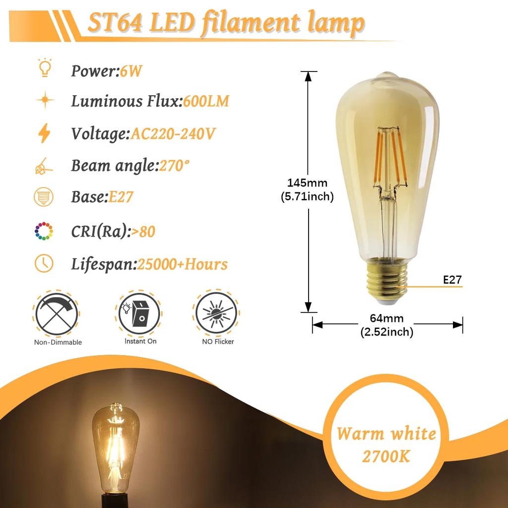 6PCS LED Filament Light Bulb Retro Edison E27 E14 B22 4000K 2700K 220V A60 G45 C37 Vintage Ampoule Incandescent Bulb Edison Lamp