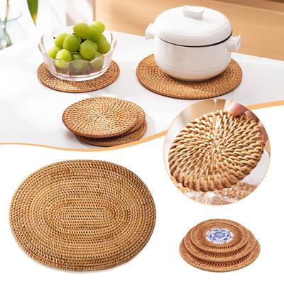 3pcs Fashion Hand-Woven Rattan Tea Mat Heat-Resistant Washable Portable Cup Coaster For Kitchen For Dining Table