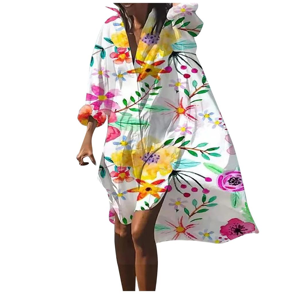 Fashion Women Floral Print Long Sleeves Buttons Cardigan Loose Shirt Dress
