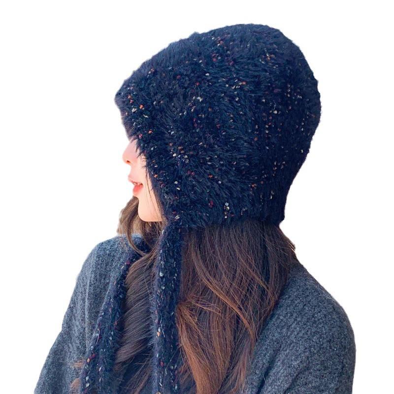 Female autumn and winter cute lace-up plush hat outdoor windproof thickened wool hat showing small face ear protection knitted hat