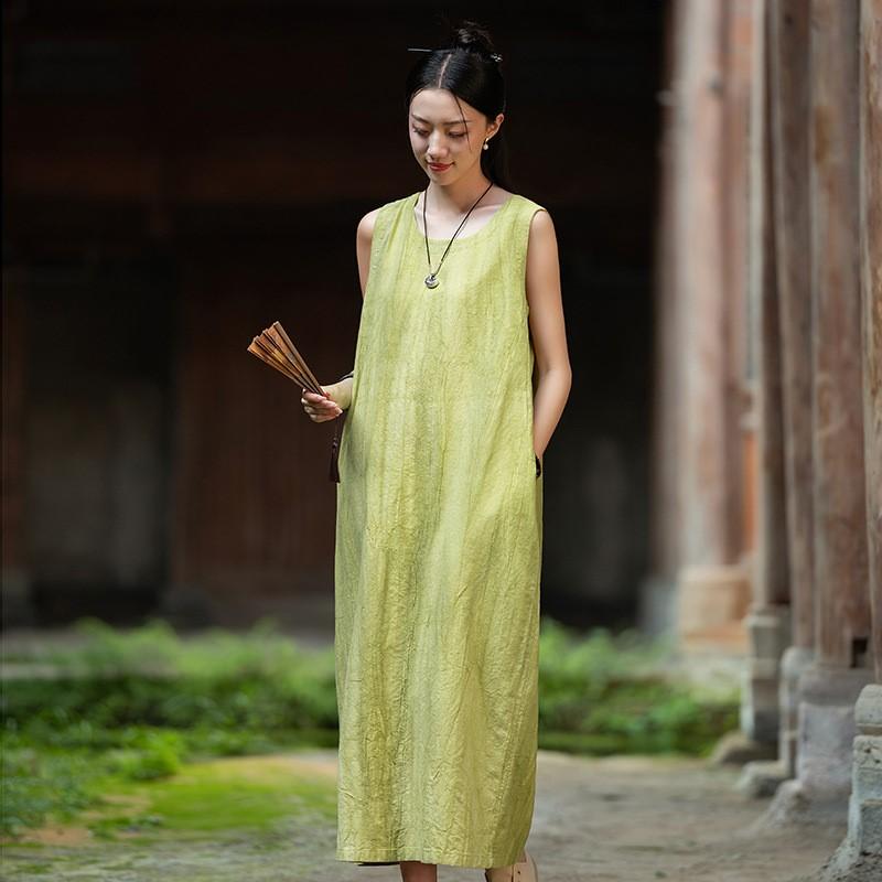 Johnature Women Vintage Sleeveless Dresses O-Neck Solid Color Summer Loose A-Line Dress