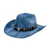 Sombrero de Cowboy de Ala Ancha con Textura de Denim Unisex con Banda de Remaches de Cabeza de Toro