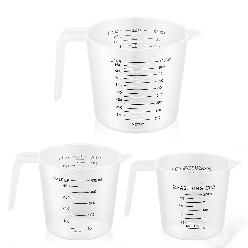 3Pcs 250/500/1000ml Measuring Cup with Handle & Scale Clear Heat-Resistant V Shaped Spout Kitchen Plastic Cooking Volume Baking
