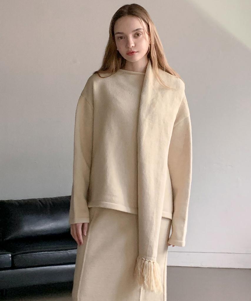 Baseukala [Set] Pullover Wool Knit+Slit Skirt+Muffler (4Colors)