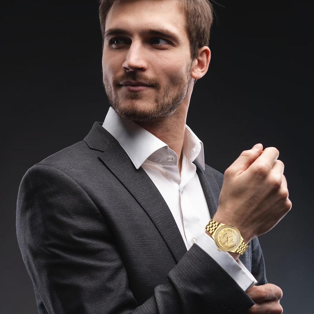 Circular Large Calendar Stainless Gold Bar Pair Respect for the Aged New Year Men's Wristwatch, Rainproof, Dial Dial, Function, Watch, Steel, Strap,