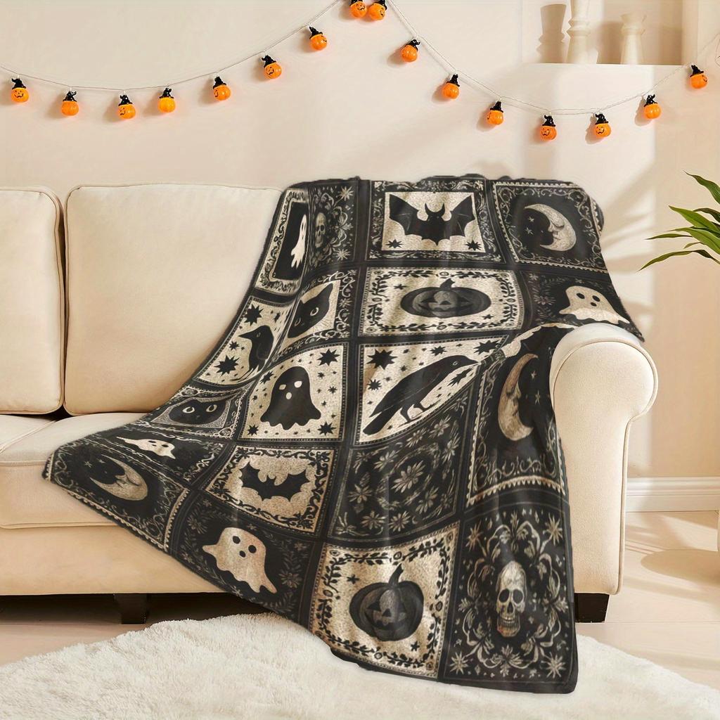 1pc Halloween-Themed Patchwork Blanket with Ghosts, Pumpkins, Bats & More – Soft, Warm Flannel Throw for Cozy Naps, Camping