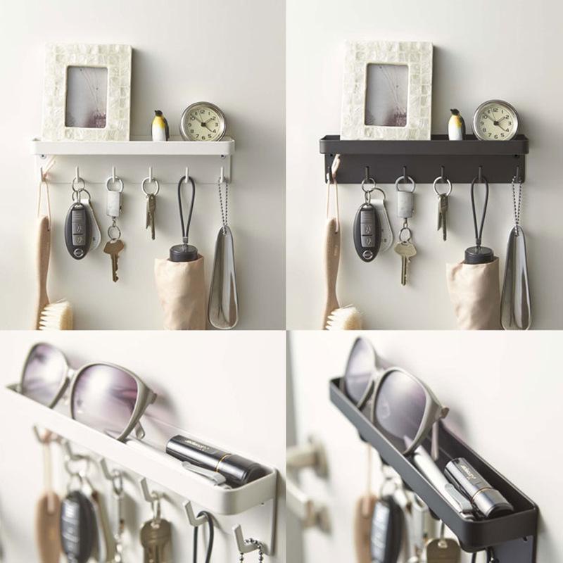 Modern No-Drill Magnetic Key Holder with Six Hooks for Entryway