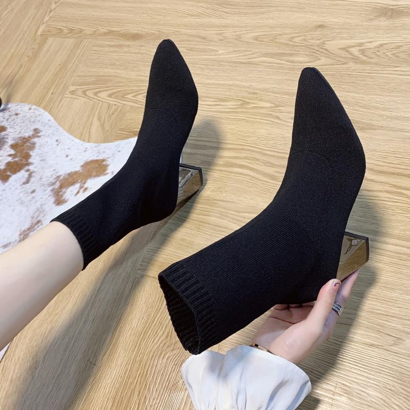 Women's Fashion Thick Heel Single Boots Autumn New Pointed Mesh Cloth Breathable Anti-slip Wear-resistant Short Boots
