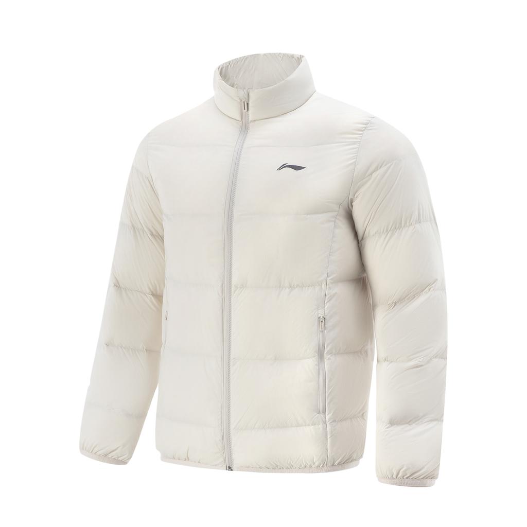 Li-Ning Comfortable Simple Versatile Solid Color Zipper Stand Collar Short Down Jacket Unisex Outerwear Gravel-White-Gray AYMV093-4