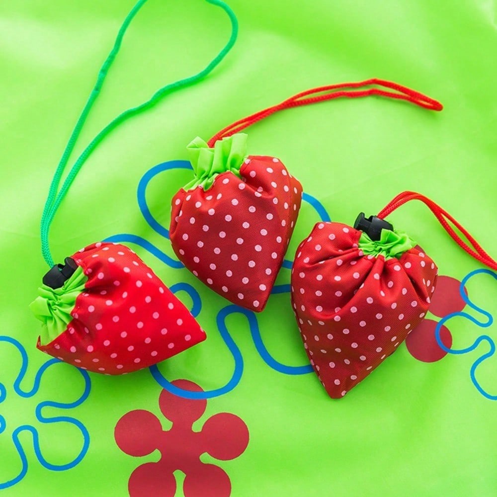 1pc Reusable Grocery Shopping Bag | Leak Proof, Square Shape, Foldable Tote With Cute Strawberry Design And Clutch Accessory
