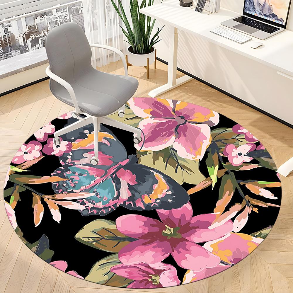 1pc Butterfly Floral Pattern Carpet, Round Non Slip Durable Large Size Office Carpet, Suitable for Office