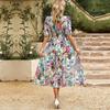 Women V Neck Waist Wrapped Floral Summer Dresses with High Sleeves