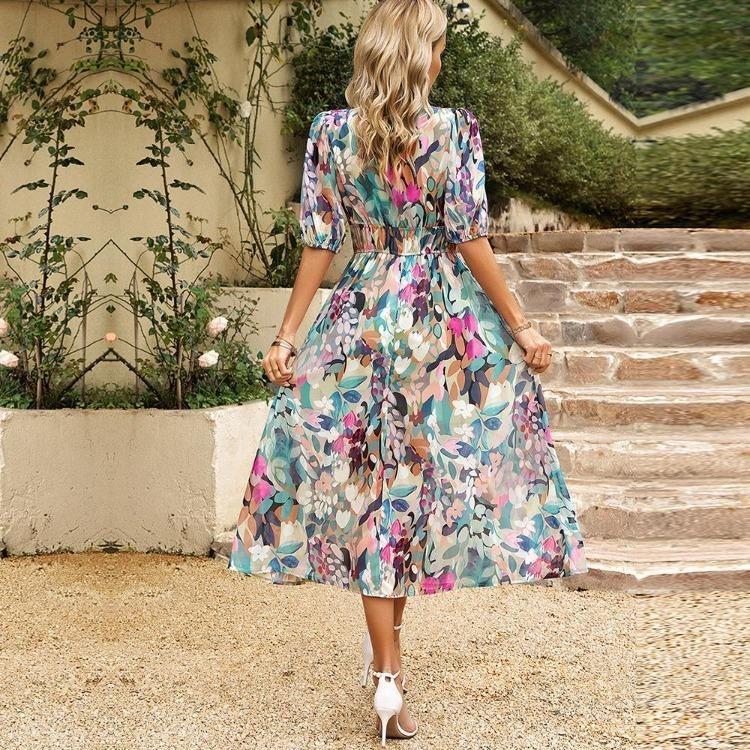 Women V Neck Waist Wrapped Floral Summer Dresses with High Sleeves