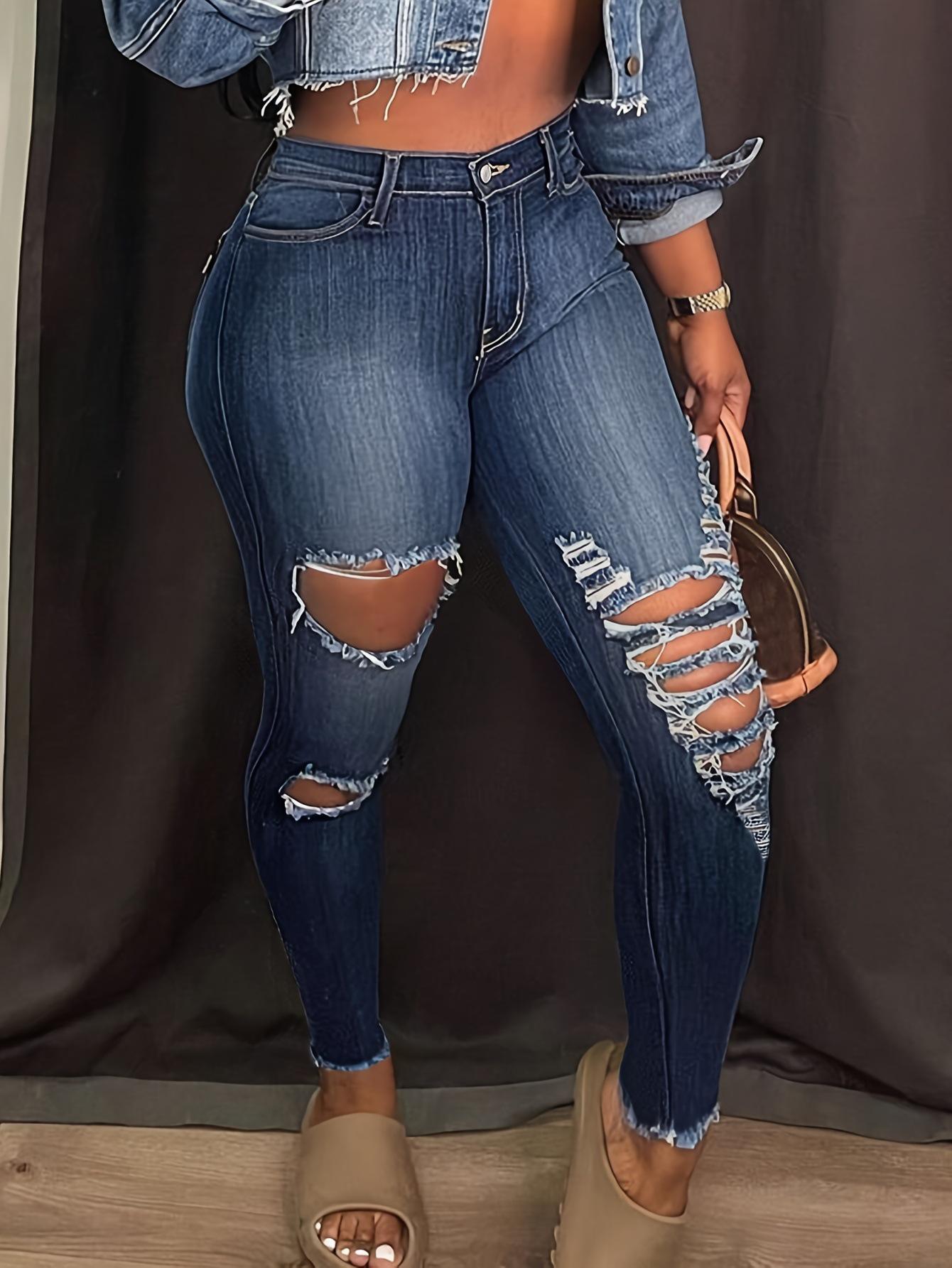 

Женские трансграничные европейско-американские модные рваные стрейчевые джинсы Extra Small синий