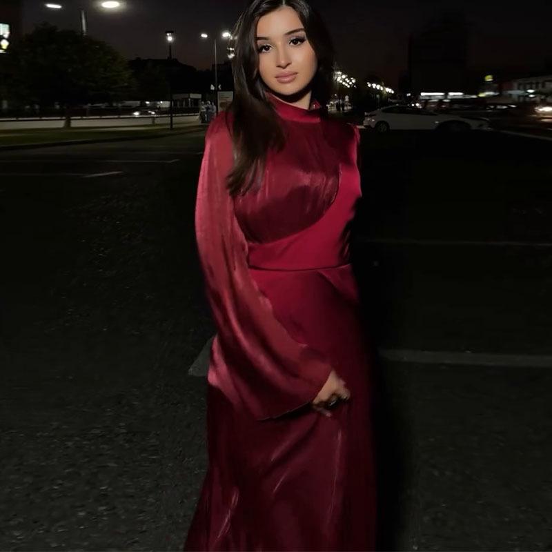 Women's Retro Slimming Evening Dress - Color Block, Round Neck, Long Sleeve, High Waist