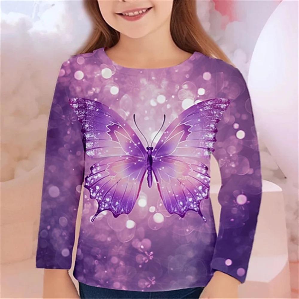 

Children s Colorful Butterfly 3D Digital Printing Girl Fashion Trend Round Neck Long Sleeved T-shirt 170 фиолетовый