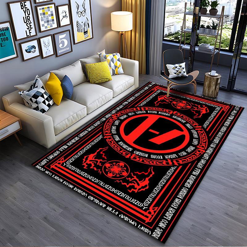 Rock Band Area Rug, Twenty One Pilots Breach Red Black Occult Sigil Logo Gothic Print, Rock Music Decor, Non-Slip Mat