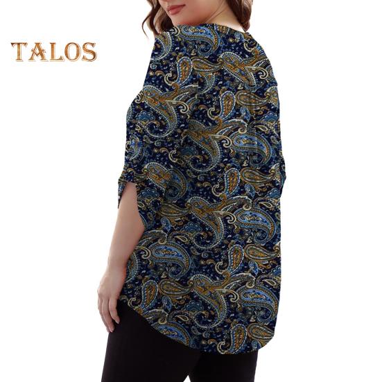 Women Shirt V-neck 3/4 Roll-Up Sleeves Lightweight Tops Flower Print Flowy Hem Tunic Tops Daily Wear