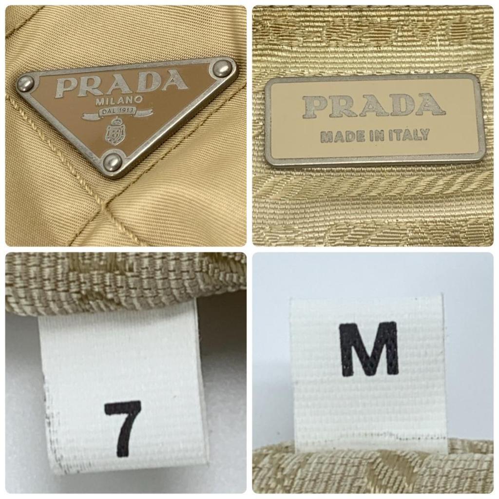 Prada Quilted Tessuto Nylon Tote Boston Bag Handbag One Shoulder Brown Beige Leather Triangle Logo Plate