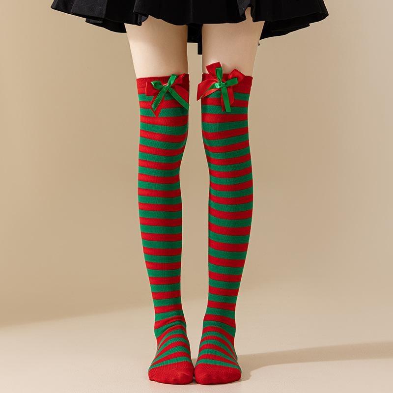 Christmas Striped Over Knee Thigh High Stockings 1 Pair Soft Socks for Women Xmas Party Favor Gift Option