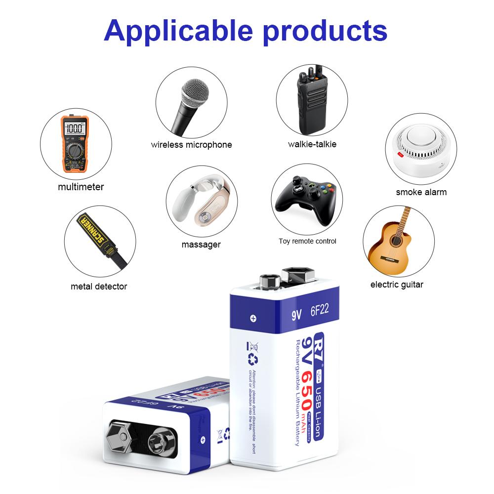 R7 9V USB Batteries 6F22 Rechargeable Batteries 650mAh Lithium Batteries Multifunctional Energy Batteries for KTV Microphone Metal Detector