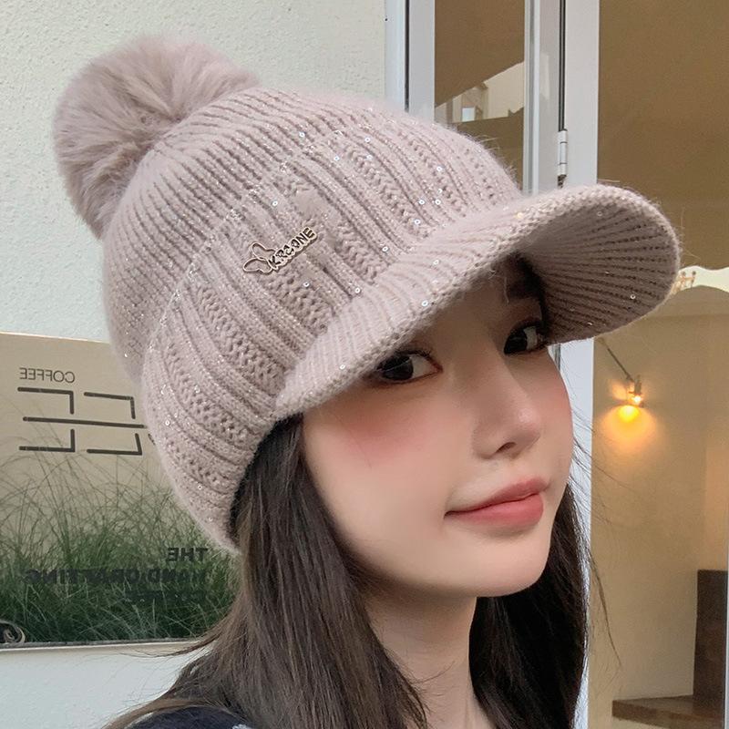 Rabbit Fur Hat Women's Winter Warm Knitted Baseball Cap with Fleece Anti Cold Yarn Hat Versatile Showing Off Small Face