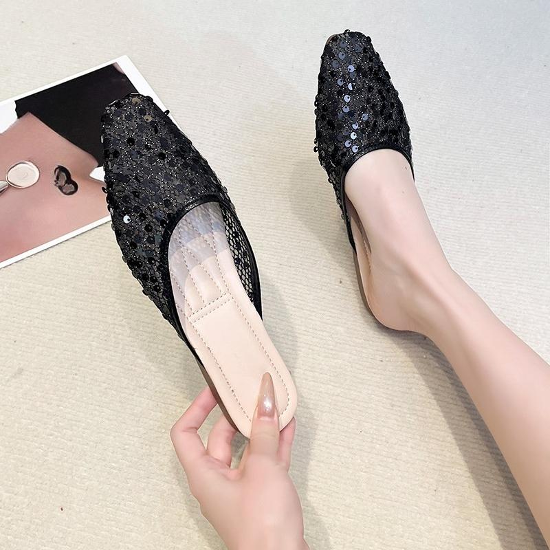 Fashion Woman's Summer New Pointed Toe Flat Sole Mesh Slippers Soft Sole Non Slip Lightweight Home Slipper Outdoor Bling Half Slippers