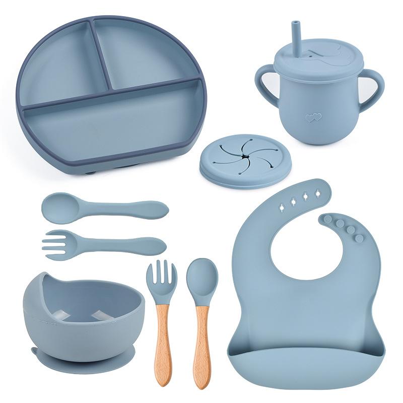 9 Pcs Baby Silicone Bib Divided Dinner Plate Sucker Bowl Spoon Fork Straw Cup Set Training Feeding Food Utensil Dishes