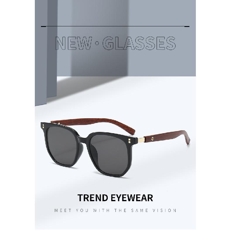 Tea-colored sunglasses for women, retro-style with faux wood grain frames, suitable for round faces, TR material, sun protection