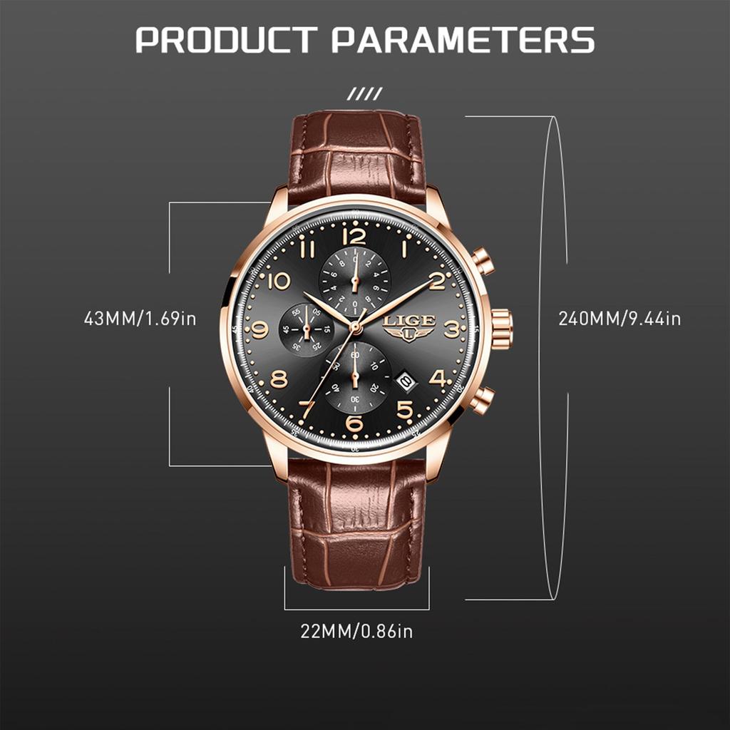 LIGE TOP Pánské hodinky Ležérní Business Vodotěsné hodinky Jednoduché Kožené Kalendář Pánské Křemenné hodinky
