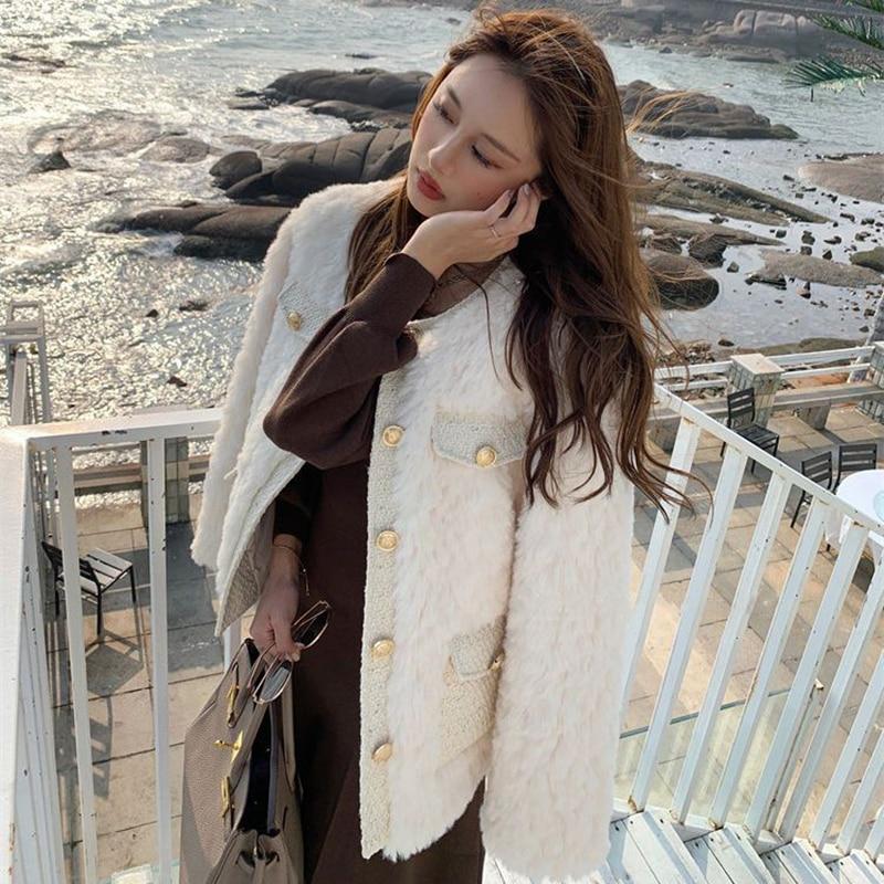 Korean Fashion Lamb Wool Coats Women Streetwear O-Neck Faux Fur Jackets Woman Autumn Winter Thick Warm Plush Black Coat