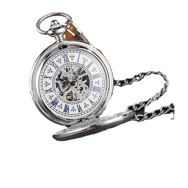 Vintage Style Mechanical Pocket Watch With Roman Numeral Dial Skeleton Back Men Women Gift