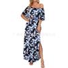 Summer new printed one-word shoulder short-sleeved long dress