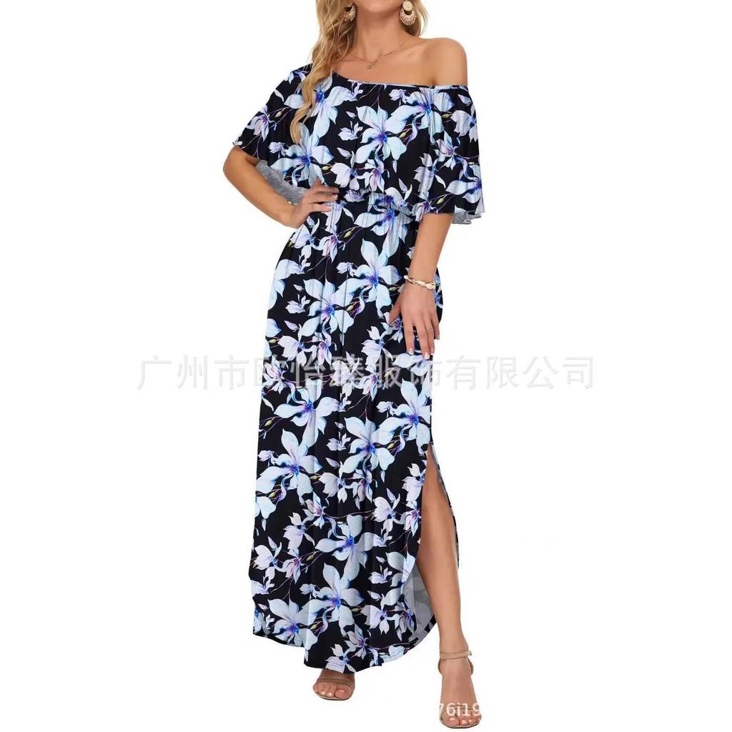 Summer new printed one-word shoulder short-sleeved long dress