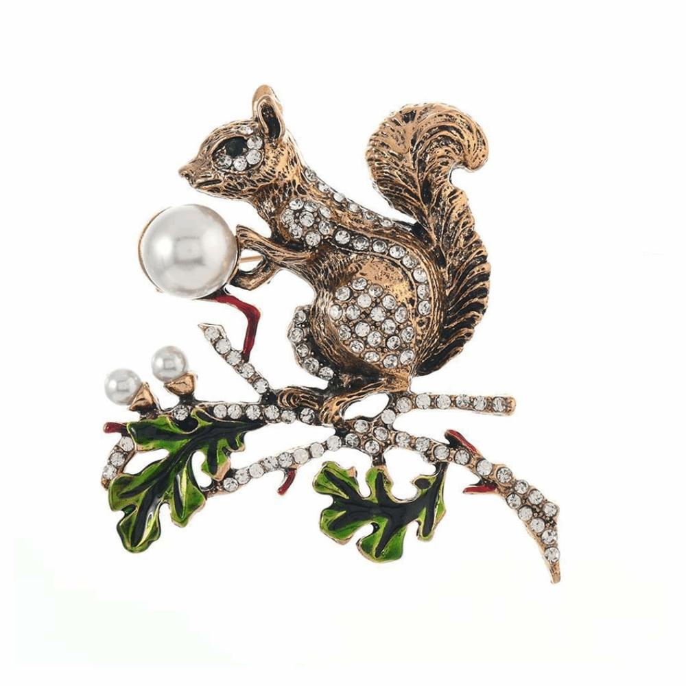 Rhinestone Studded Pearl Vintage Squirrel Pin Gold Squirrel Animal Lapel Pins  New Year Gifts
