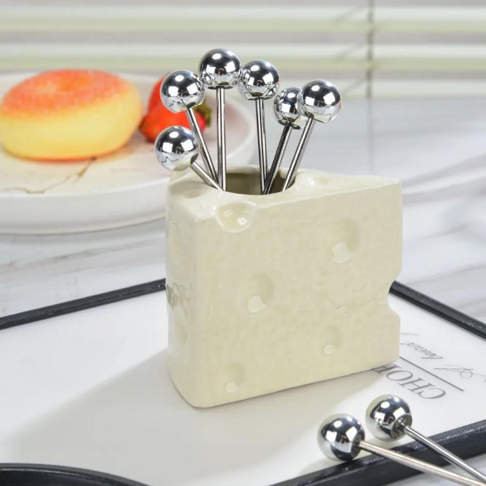 

Ceramic Cheese Fruit Fork Cute Salad Fork Storage Jar Stainless Steel High-end Fruit 4pcs Forks Set Tableware for Home Hotel