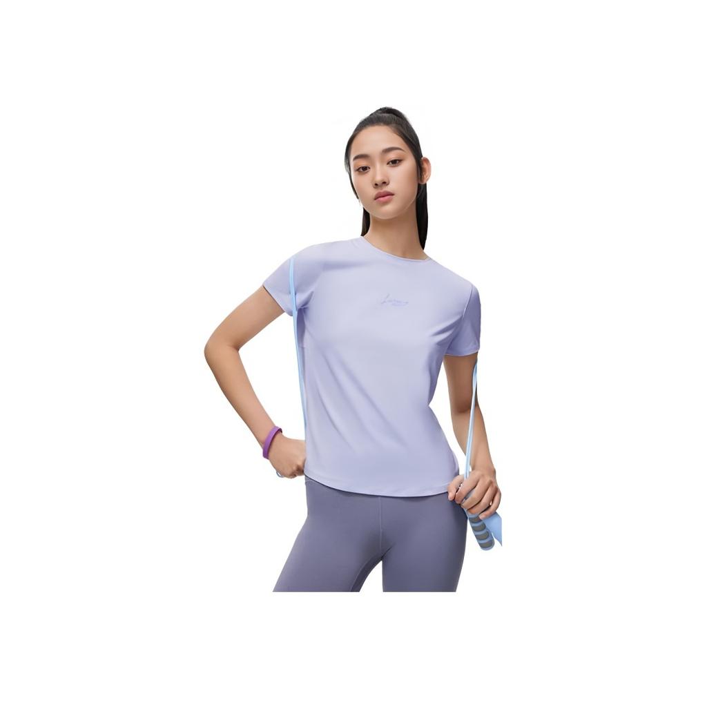 Li Ning Plain Logo Print Round Neck Pullover Short Sleeve T-Shirt Women Tops Sky-Blue ATST230-7