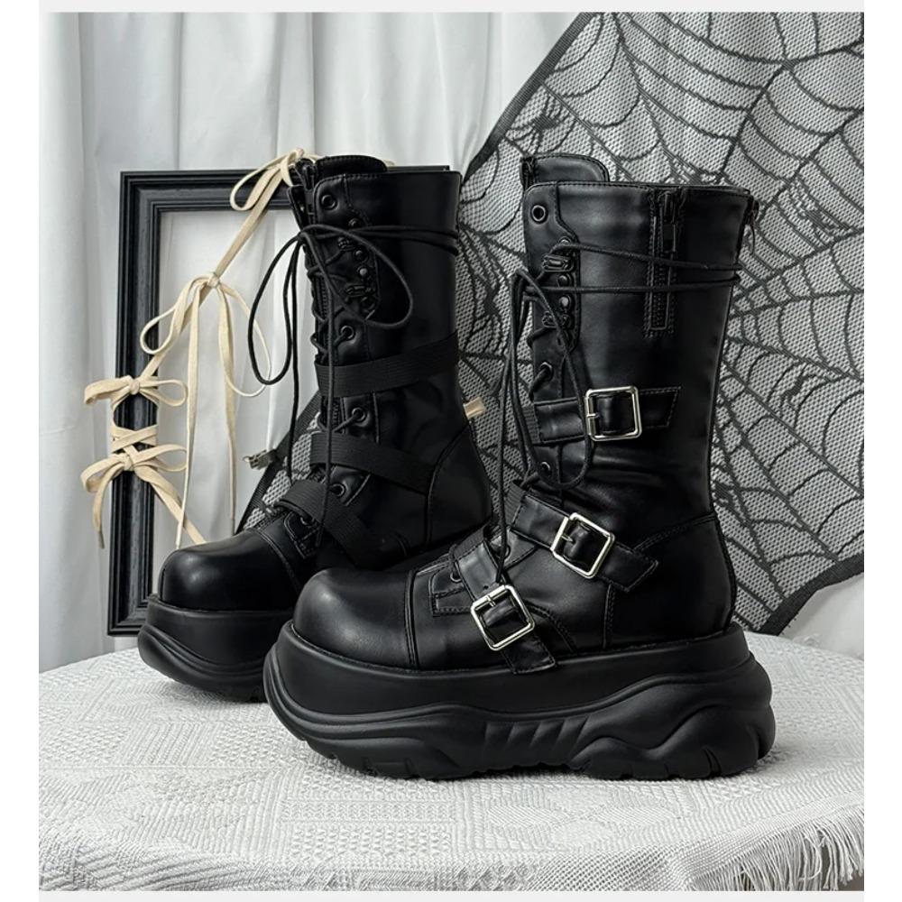 Women's Genuine Leather Platform Punk Spice Girls Short Functional Wind Medium Boots 7cm